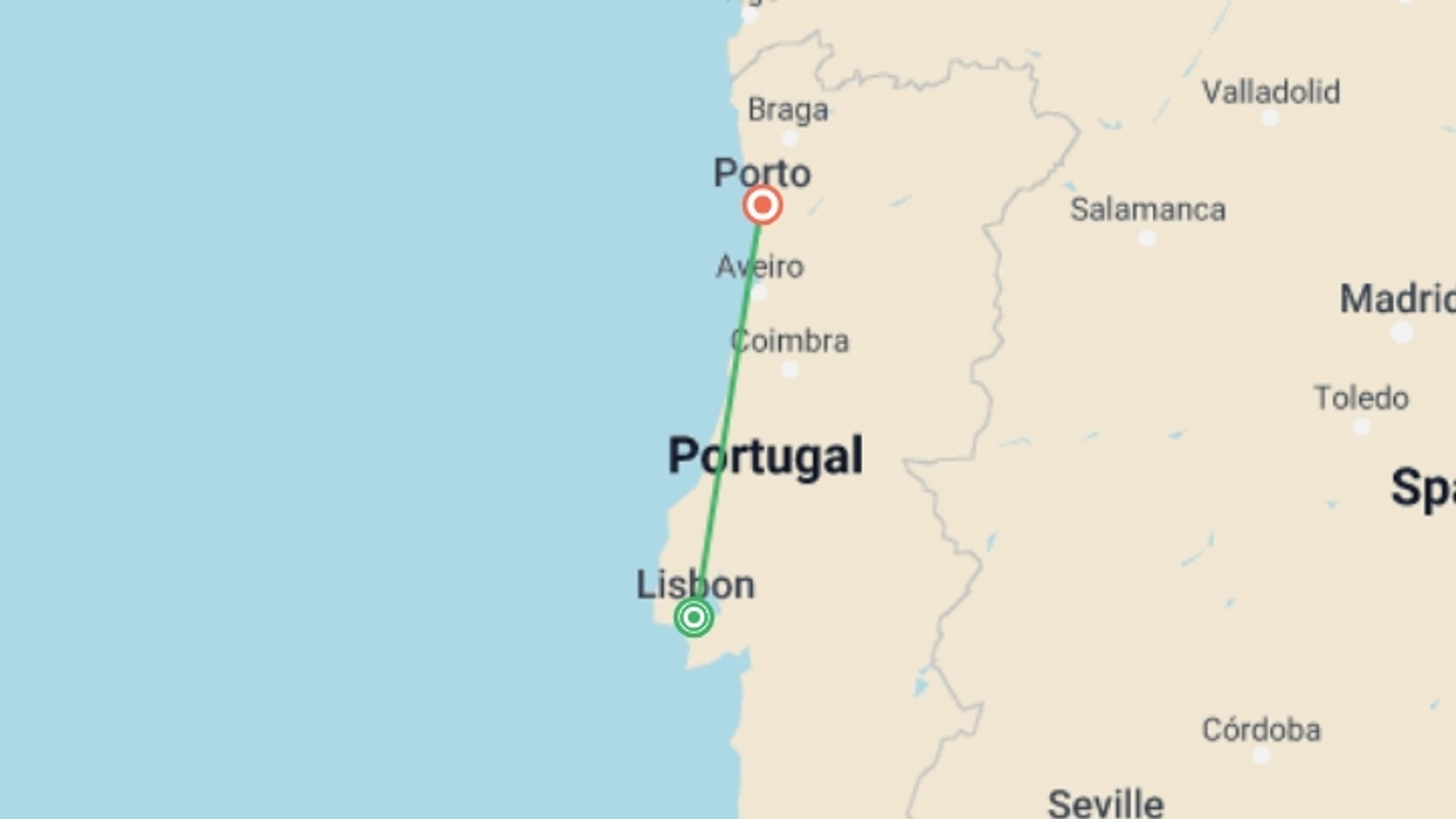A map showing the tour itinerary for the trip: Best of Lisbon and Porto in 7 days, starting in Lisbon, Portugal and ending in Porto, Portugal going through 5 other destinations.