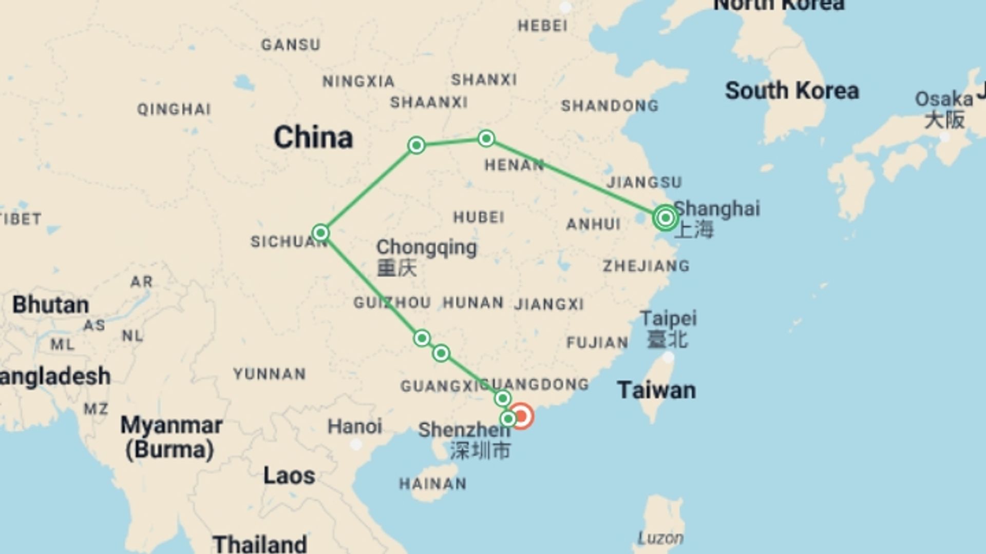 A map showing the tour itinerary for the trip: Amazing China Macau and Hong Kong, starting in Shanghai, China and ending in Hong Kong, Hong Kong going through 7 other destinations.