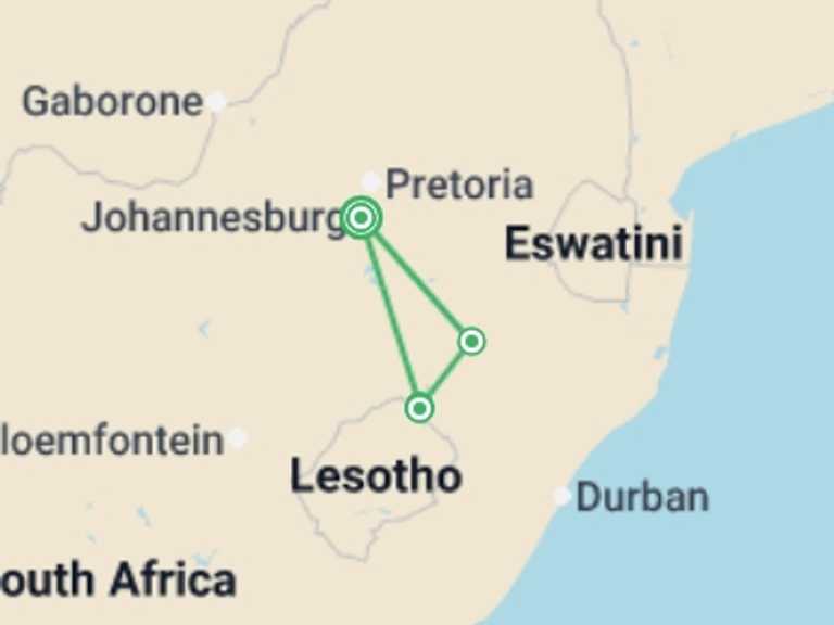 Map itinerary of Africa Tour in February 2026 with 6 destination visits for the trip: Drakensberg Walking Tour
