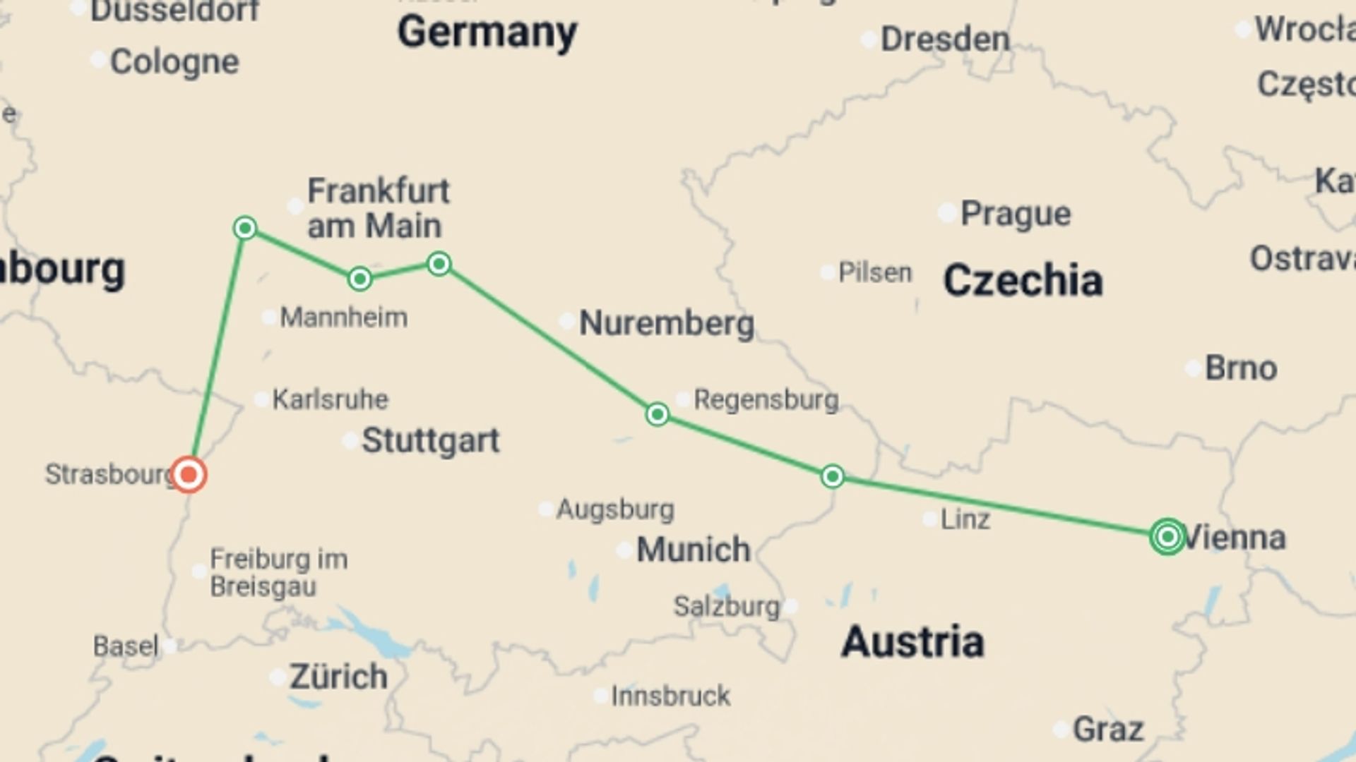 A map showing the tour itinerary for the trip: Along the Danube and the Rhine - Following the Romantic Road (port-to-port cruise), starting in Vienna, Austria and ending in Strasbourg, France going through 5 other destinations.