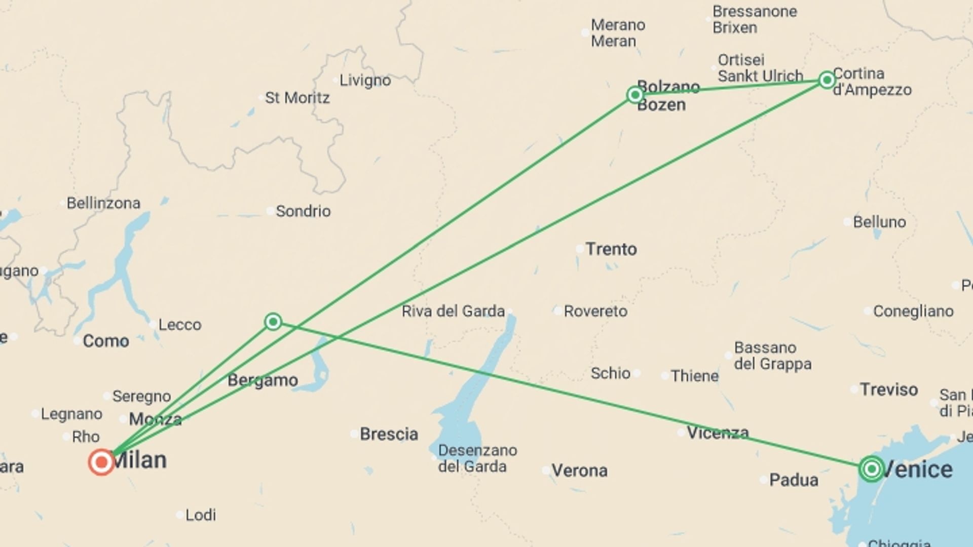 A map showing the tour itinerary for the trip: Venice to Milan - 13 days, starting in Venice, Italy and ending in Milan, Italy going through 3 other destinations.