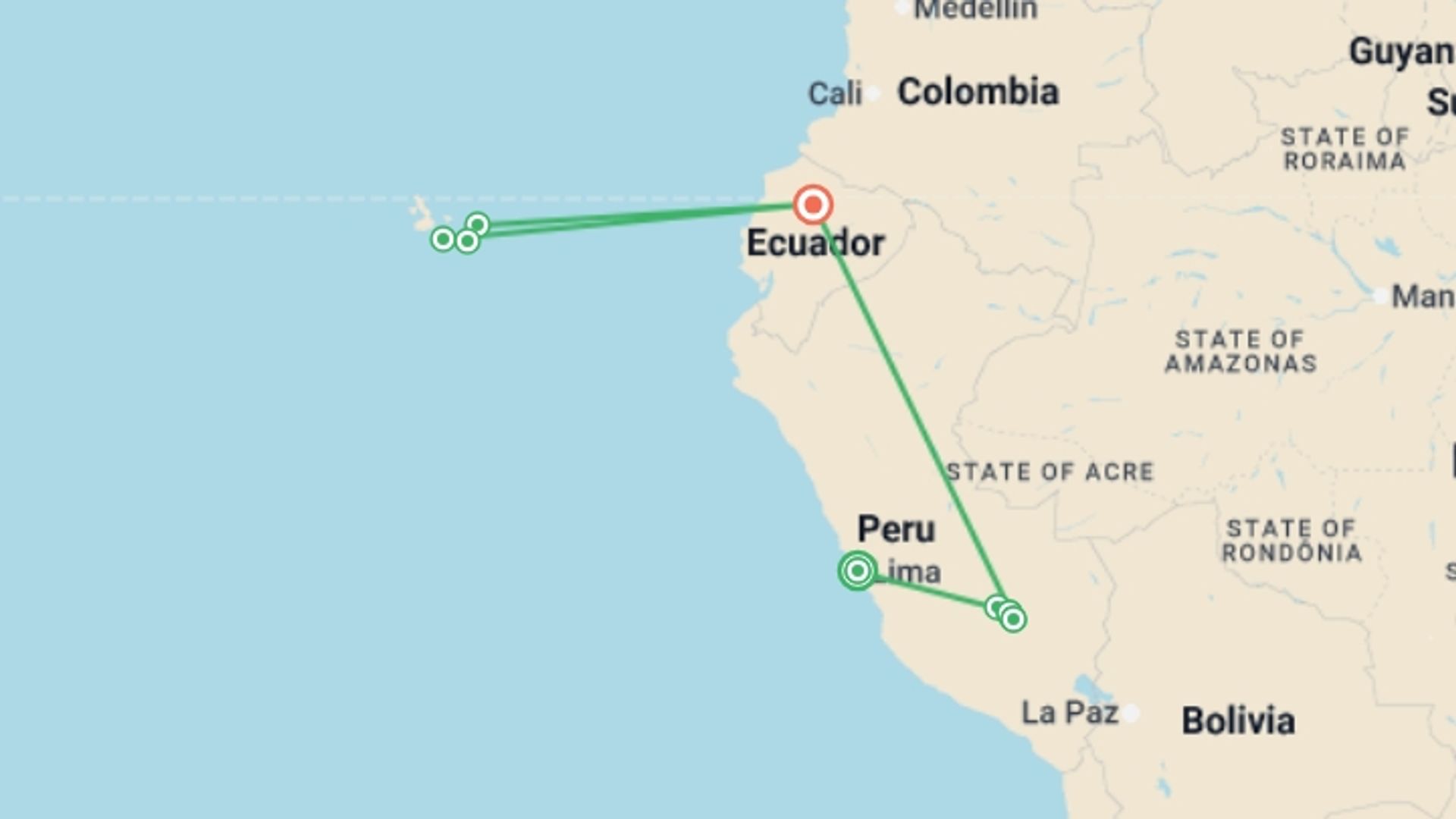 A map showing the tour itinerary for the trip: Machu Picchu & Galapagos Wonders featuring a 4-Night Cruise, starting in Lima, Peru and ending in Quito, Ecuador going through 1 other destinations.
