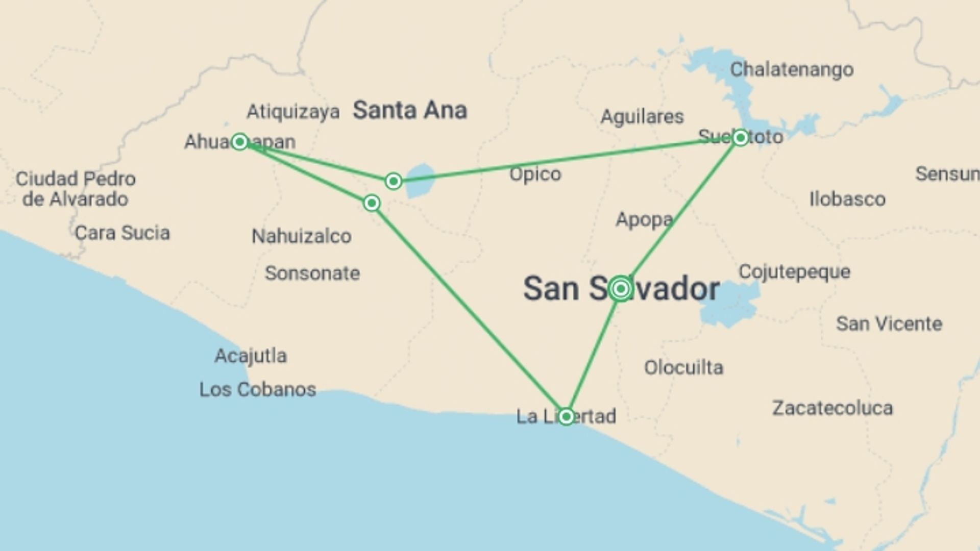 A map showing the tour itinerary for the trip: El Salvador Tour: Unveil A Wonderful Mosaic Of Culture, History, And Nature (8 Days), starting in San Salvador, El Salvador and ending in San Salvador, El Salvador going through 5 other destinations.