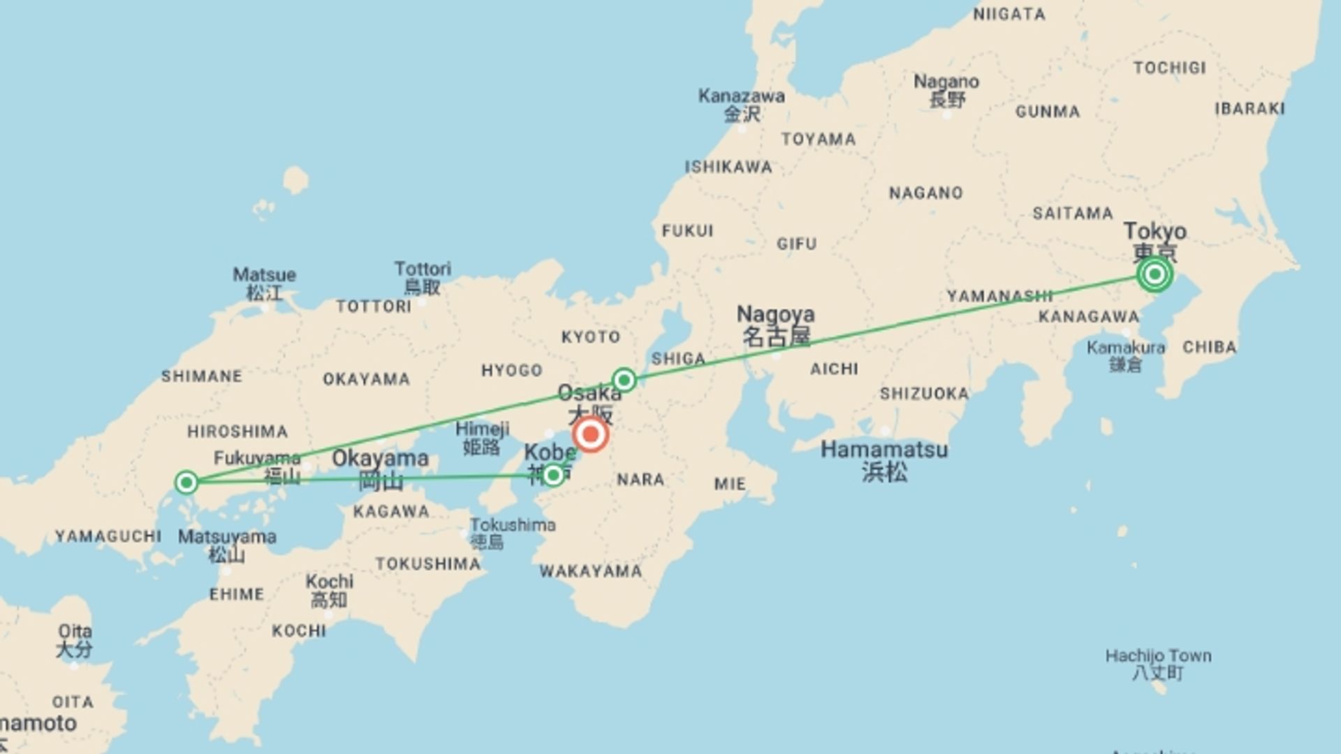 A map showing the tour itinerary for the trip: Discovery Tour: Japan Golden Route Tour with Hiroshima, starting in Tokyo, Japan and ending in Osaka, Japan going through 3 other destinations.