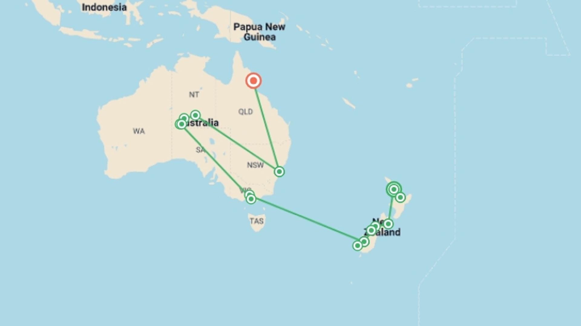 A map showing the tour itinerary for the trip: Solo-ish Down-Under, starting in Auckland, New Zealand and ending in Cairns, Australia going through 11 other destinations.