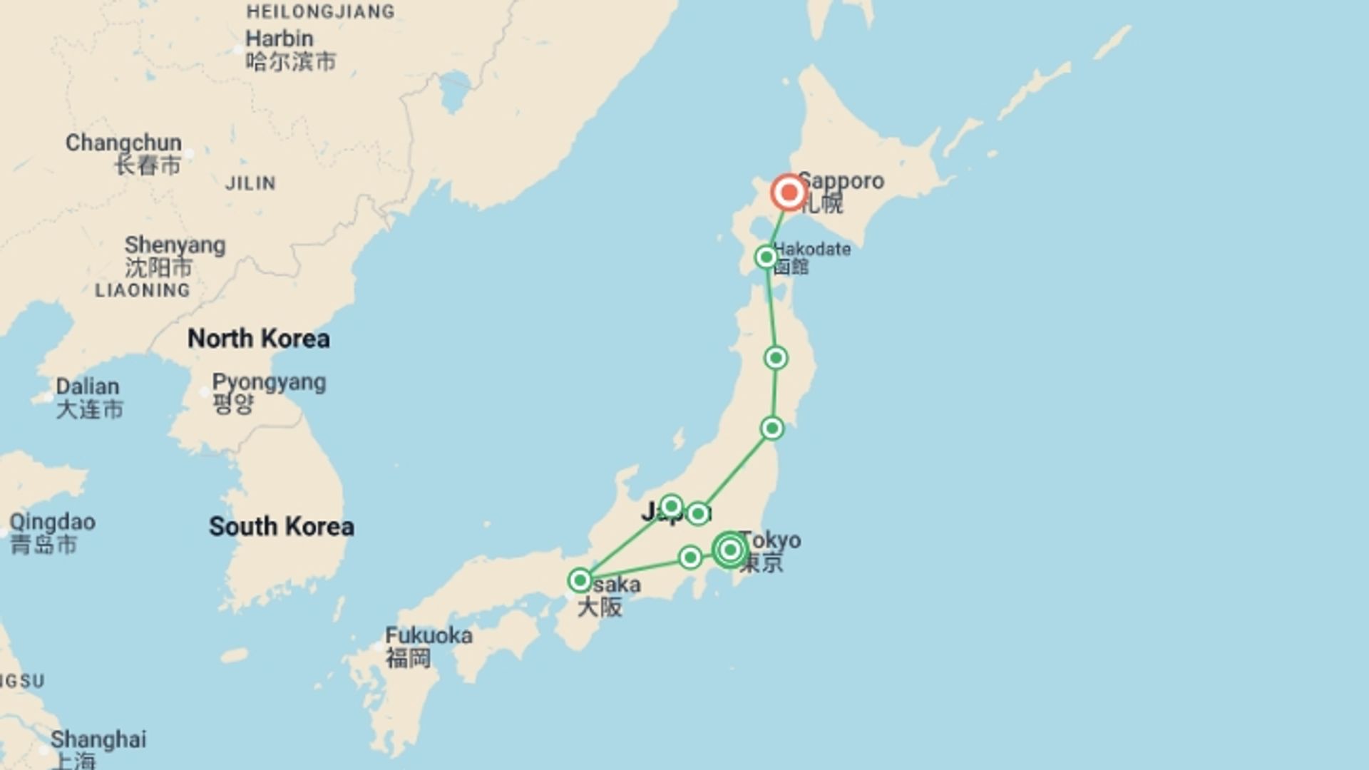A map showing the tour itinerary for the trip: Discover Japan End Sapporo, starting in Tokyo, Japan and ending in Sapporo, Japan going through 7 other destinations.