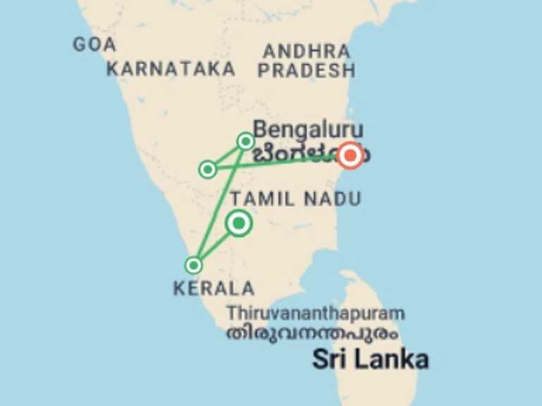Map itinerary of India Tour in June 2026 with 5 destination visits for the trip: Southern India: West to East Coast