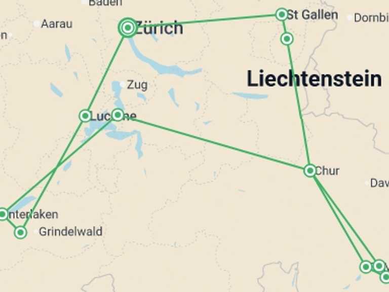 Map of Switzerland Tour with 5 destination visits for the trip: Highlights of Switzerland - 6 days