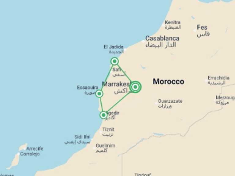 Map of Agadir Tour with 4 destination visits for the trip: Morocco: Marrakech and the Coast