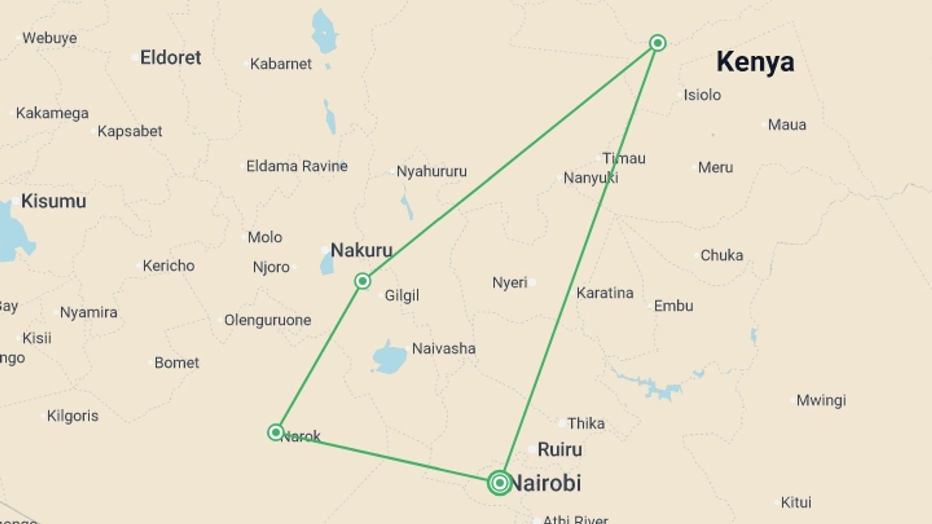 A map showing the tour itinerary for the trip: Kenya Up Close (superior) - 8 days, starting in Nairobi, Kenya and ending in Nairobi, Kenya going through 4 other destinations.