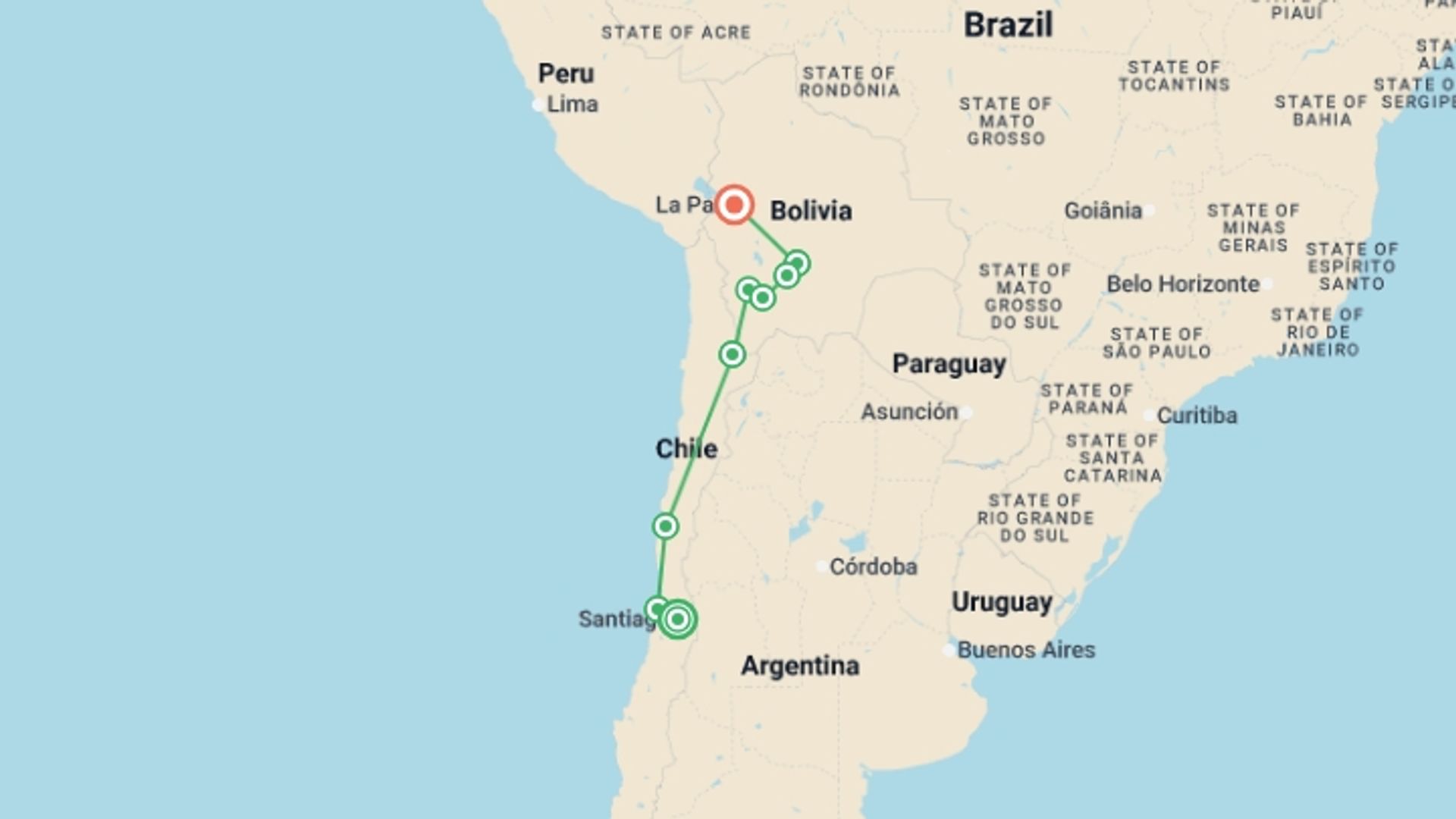 A map showing the tour itinerary for the trip: Santiago to La Paz Travel Pass, starting in Santiago, Chile and ending in La Paz, Bolivia going through 7 other destinations.