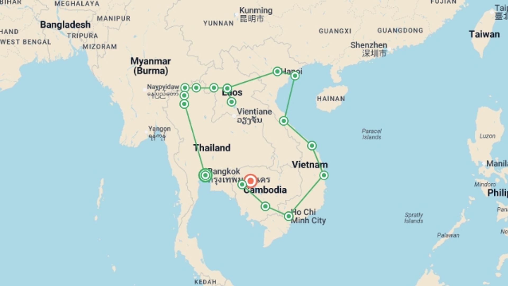 A map showing the tour itinerary for the trip: SE Asia: Bangkok to Siem Reap, starting in Bangkok, Thailand and ending in Siem Reap, Cambodia going through 15 other destinations.