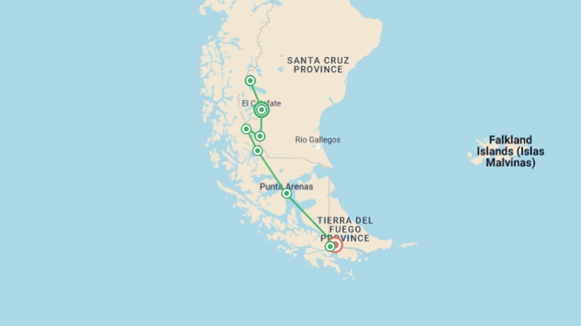 A map showing the tour itinerary for the trip: Wild Patagonia for Hikers, starting in El Calafate, Argentina and ending in Ushuaia, Argentina going through 10 other destinations.