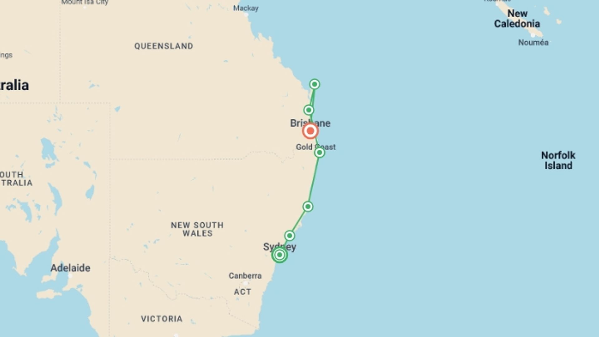 A map showing the tour itinerary for the trip: Sydney to Brisbane – 8 Day Boutique Tour, starting in Sydney and NSW, Australia and ending in Brisbane, Australia going through 6 other destinations.