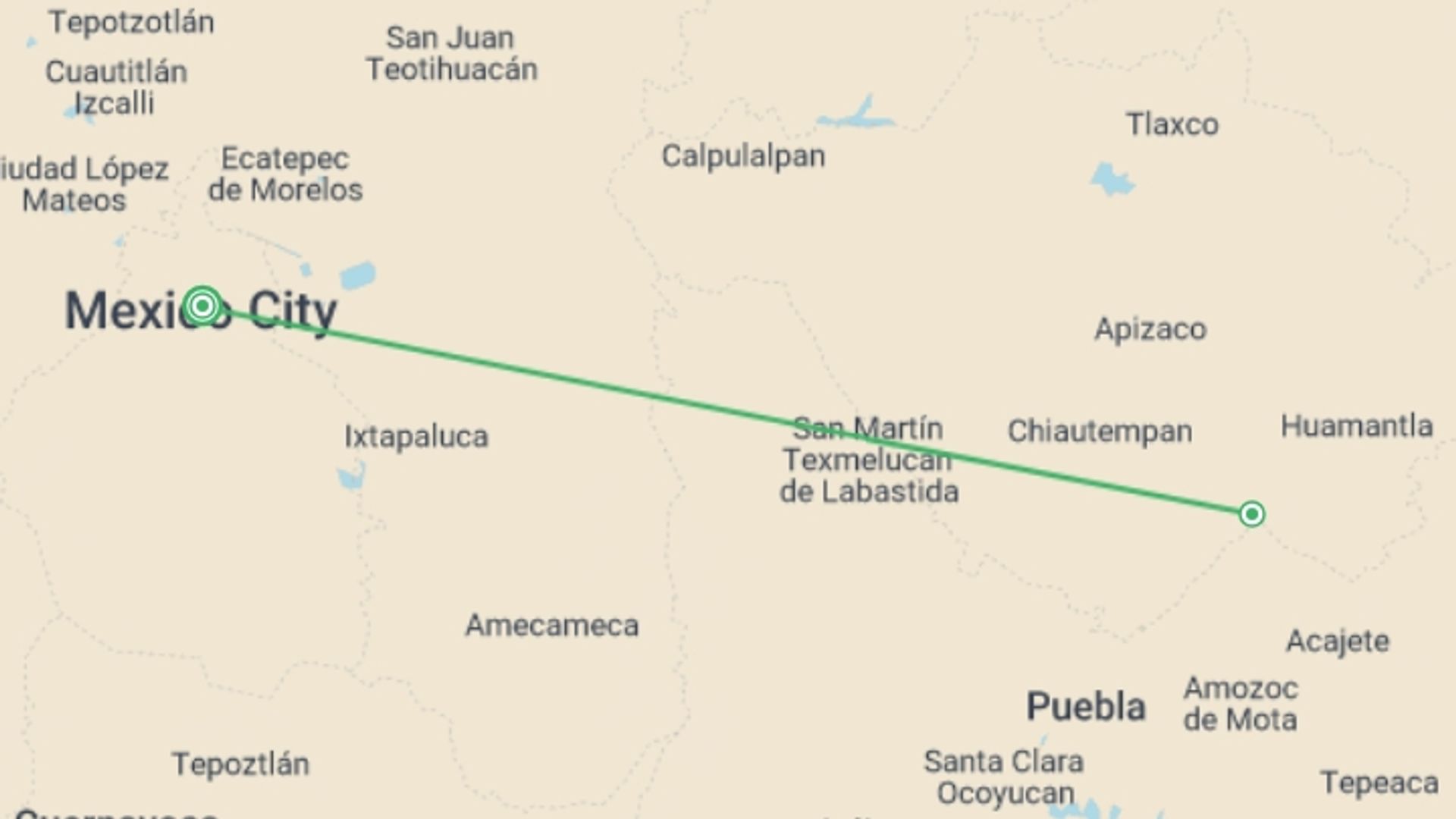 A map showing the tour itinerary for the trip: Malinche Volcano hike 2D/1N (from Mexico City), starting in Mexico City, Mexico and ending in Mexico City, Mexico going through 1 other destinations.