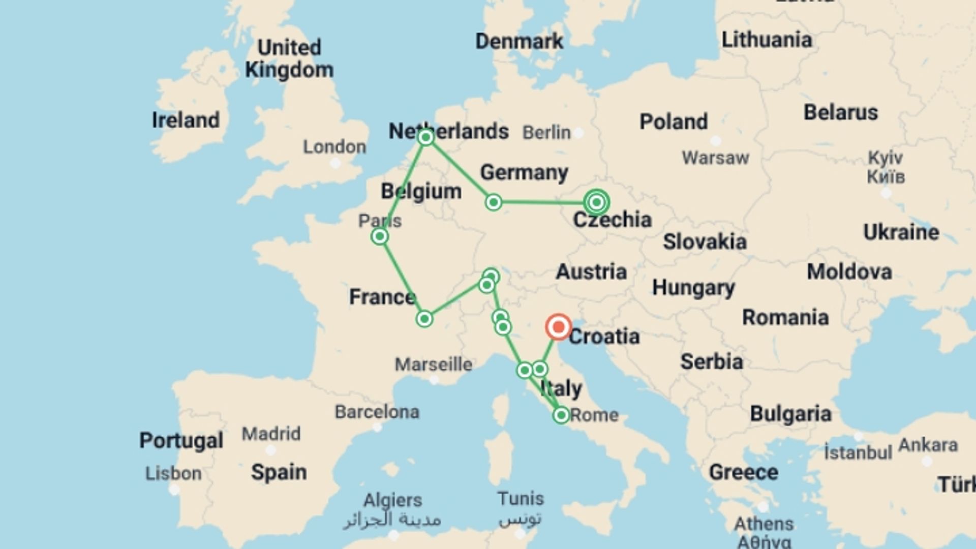 A map showing the tour itinerary for the trip: Vibrant Europe, starting in Prague, Czech Republic and ending in Venice, Italy going through 3 other destinations.