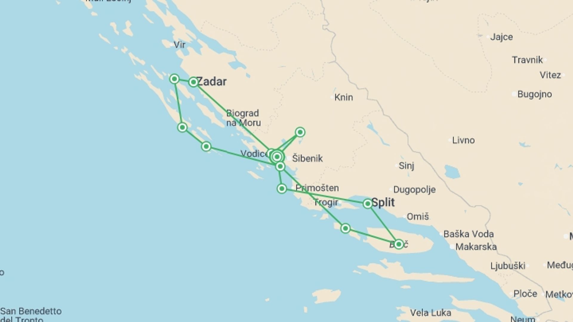 A map showing the tour itinerary for the trip: Dalmatian Highlights Zadar And Split Region Cruise (standard Boat Category), starting in Sibenik, Croatia and ending in Sibenik, Croatia going through 6 other destinations.