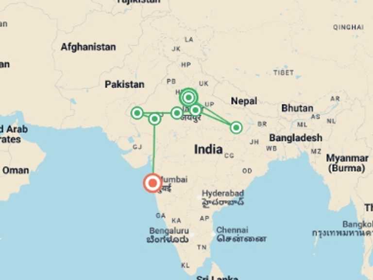 Map of New Delhi Adventure Tour with 7 destination visits for the trip: India Northern Group Exploration 14D/13N