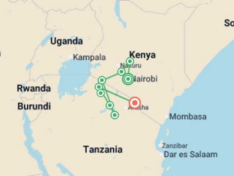 Map of Maasai Mara National Reserve Tour with 9 destination visits for the trip: Kenya and Tanzania Safari - Small Group