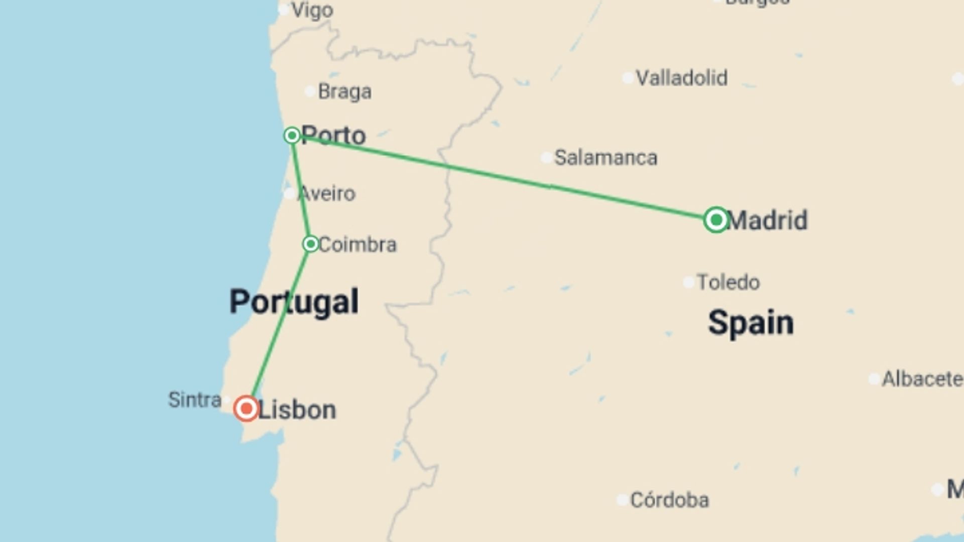 A map showing the tour itinerary for the trip: Portuguese Fado end Lisbon, starting in Madrid, Spain and ending in Lisbon, Portugal going through 2 other destinations.