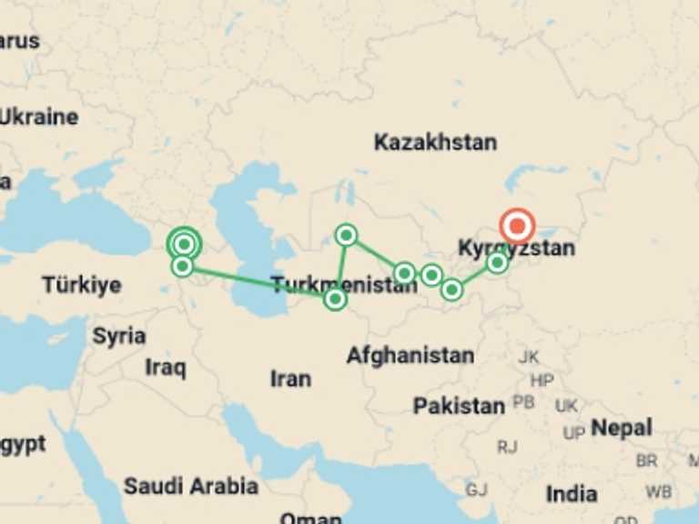 Map itinerary of Europe Tour in Spring with 9 destination visits for the trip: Tbilisi To Bishkek (54 Days)