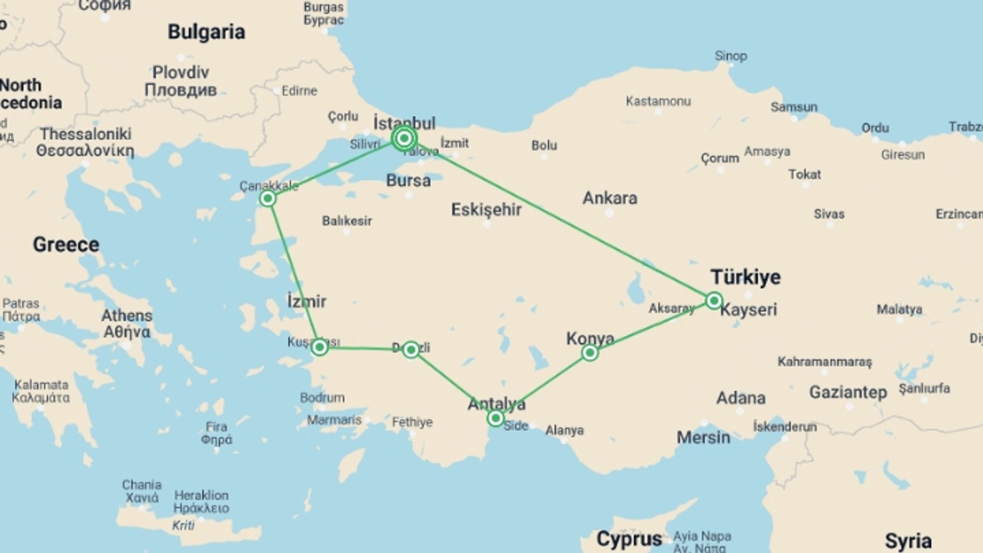 A map showing the tour itinerary for the trip: Journeys: Discover Turkey, starting in Istanbul, Turkey and ending in Istanbul, Turkey going through 6 other destinations.