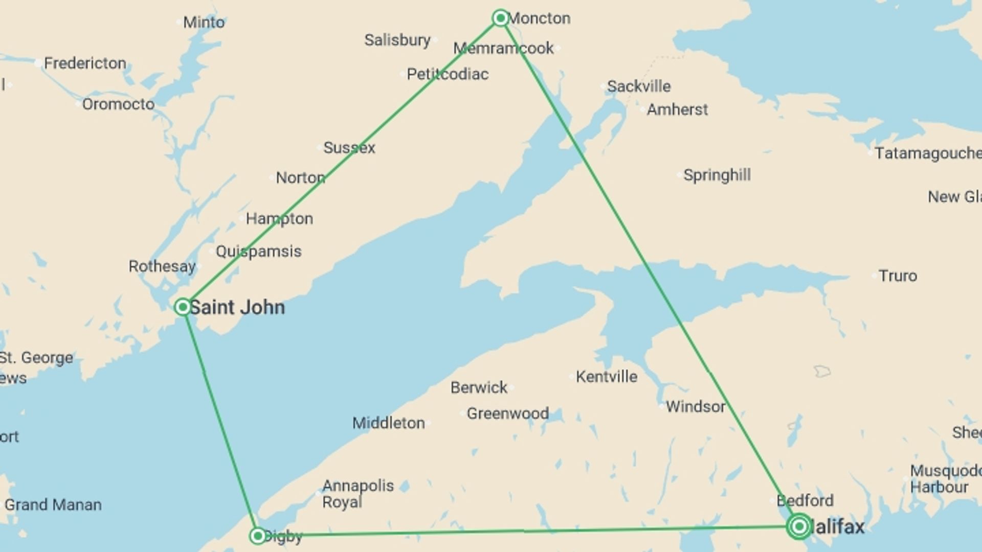 A map showing the tour itinerary for the trip: Best of the Bay of Fundy (Small Group) - 7 days, starting in Halifax, Canada and ending in Halifax, Canada going through 3 other destinations.