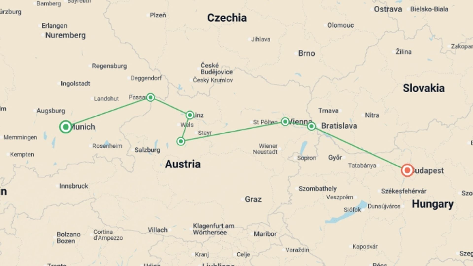 A map showing the tour itinerary for the trip: Danube Holiday Markets (2027), starting in Munich, Germany and ending in Budapest, Hungary going through 5 other destinations.
