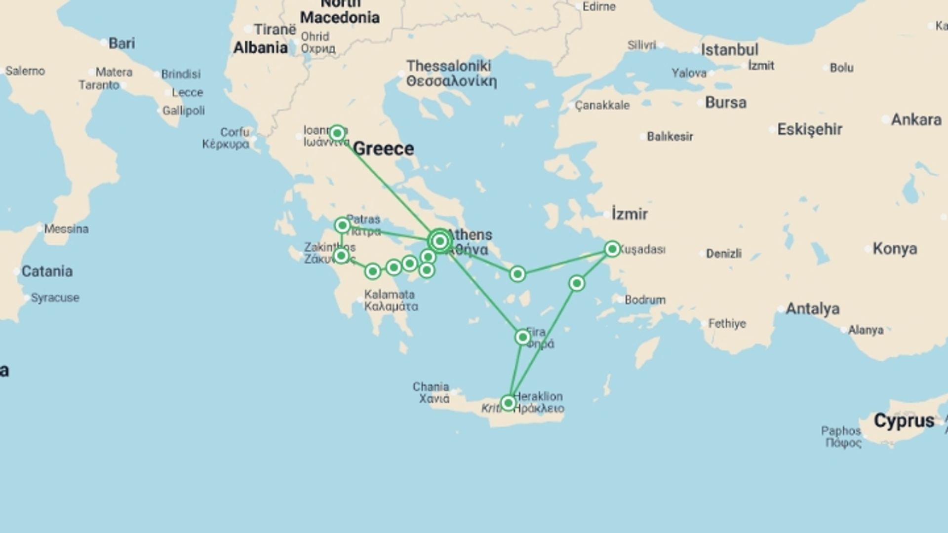 A map showing the tour itinerary for the trip: Athens, the Beautiful Aegean and Complete Greece Ext, starting in Athens, Greece and ending in Athens, Greece going through 5 other destinations.