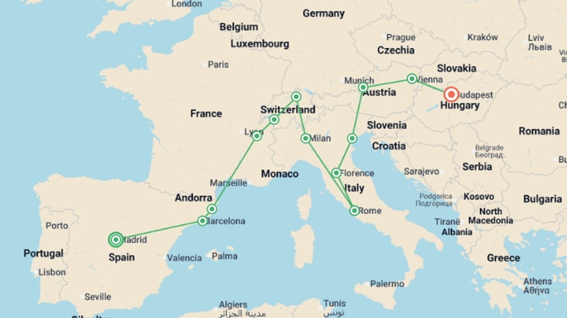 A map showing the tour itinerary for the trip: Best European Panorama, starting in Madrid, Spain and ending in Budapest, Hungary going through 11 other destinations.