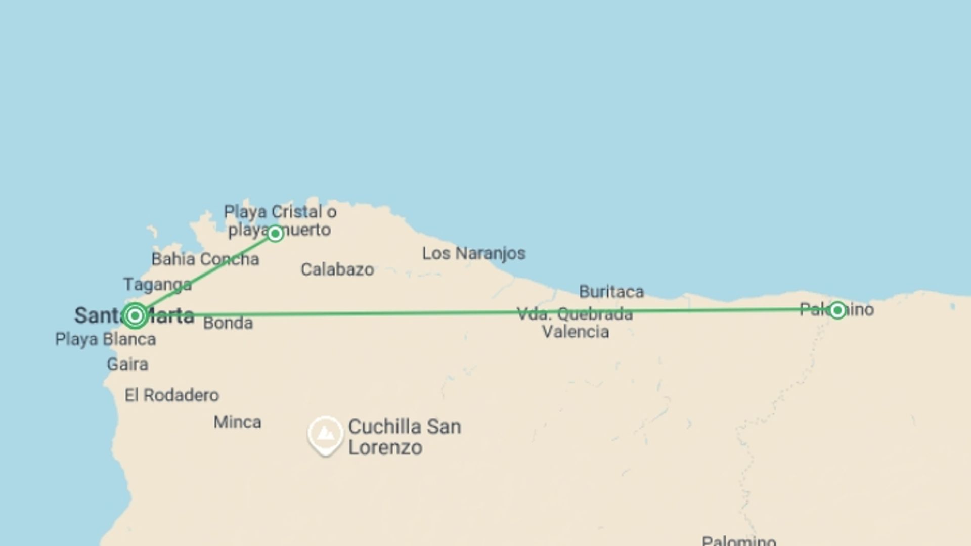 A map showing the tour itinerary for the trip: Tayrona & Palomino Experience 5D/4N, starting in Santa Marta, Colombia and ending in Santa Marta, Colombia going through 1 other destinations.