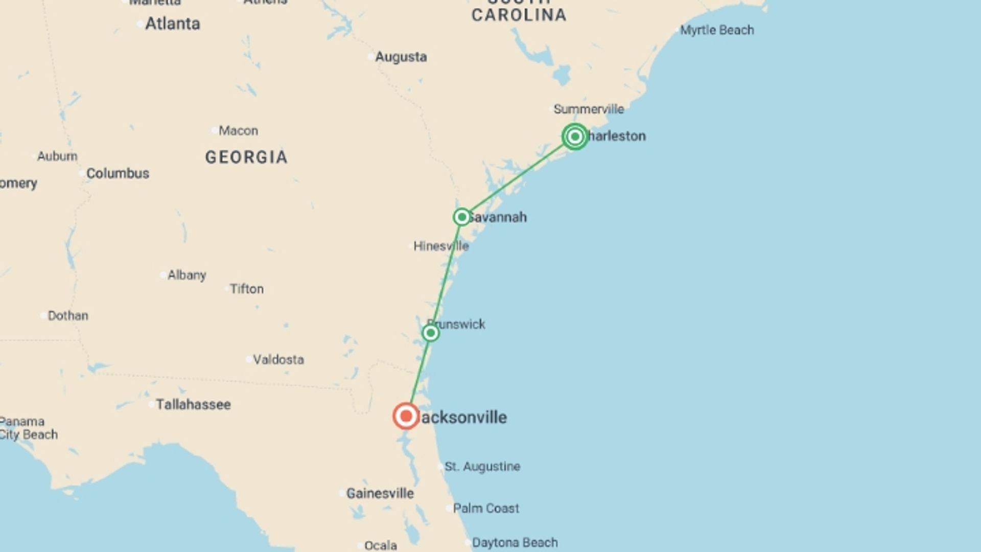 A map showing the tour itinerary for the trip: Southern Charm featuring Charleston, Savannah, and Jekyll Island, starting in Charleston, USA and ending in USA going through 2 other destinations.