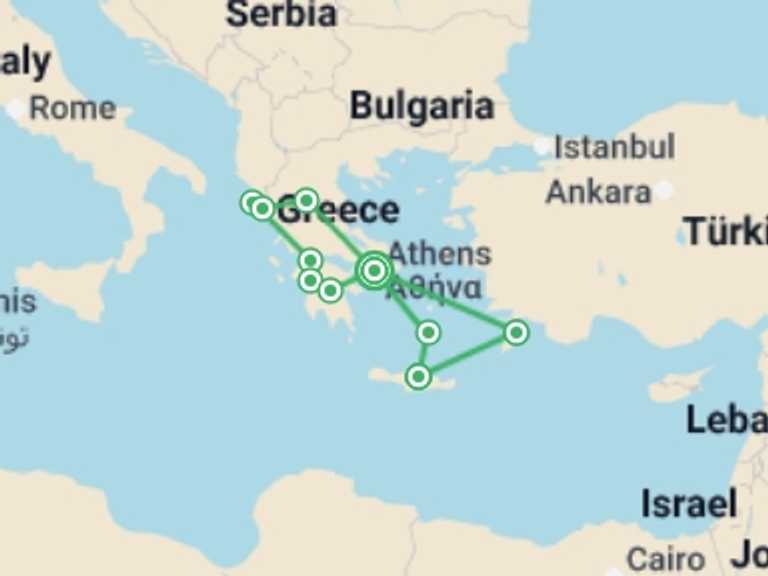 Map itinerary of Heraklion Tour in March 2026 with 6 destination visits for the trip: Peloponnese and Meteoras with Greek Islands