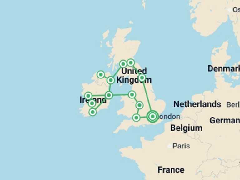 Map of Europe Explorer Tour with 13 destination visits for the trip: Stories and Legends: United Kingdom, Scotland, and Ireland with London