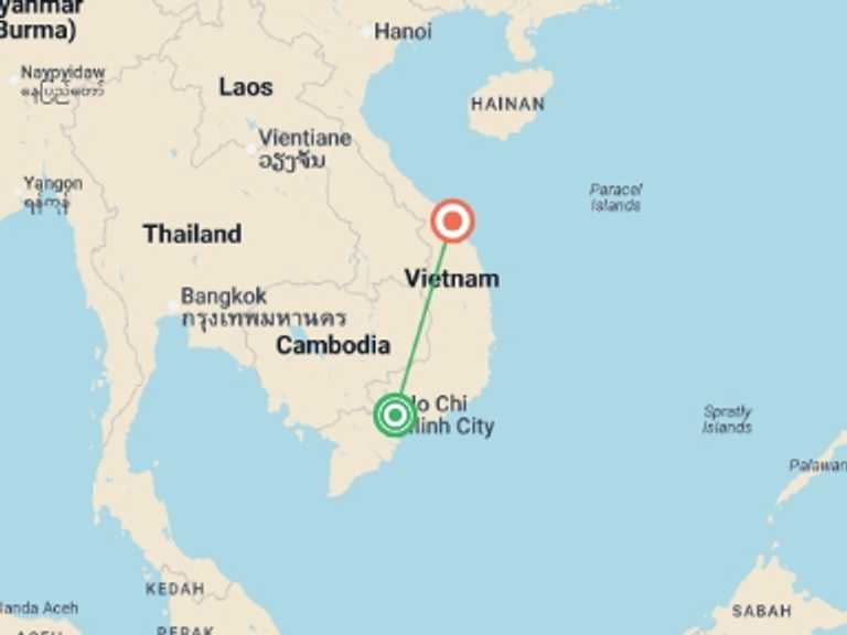 Map itinerary of Asia Tour in August 2026 with 2 destination visits for the trip: Saigon to the Delta & My Khe Beach (Deluxe) - 8 days 