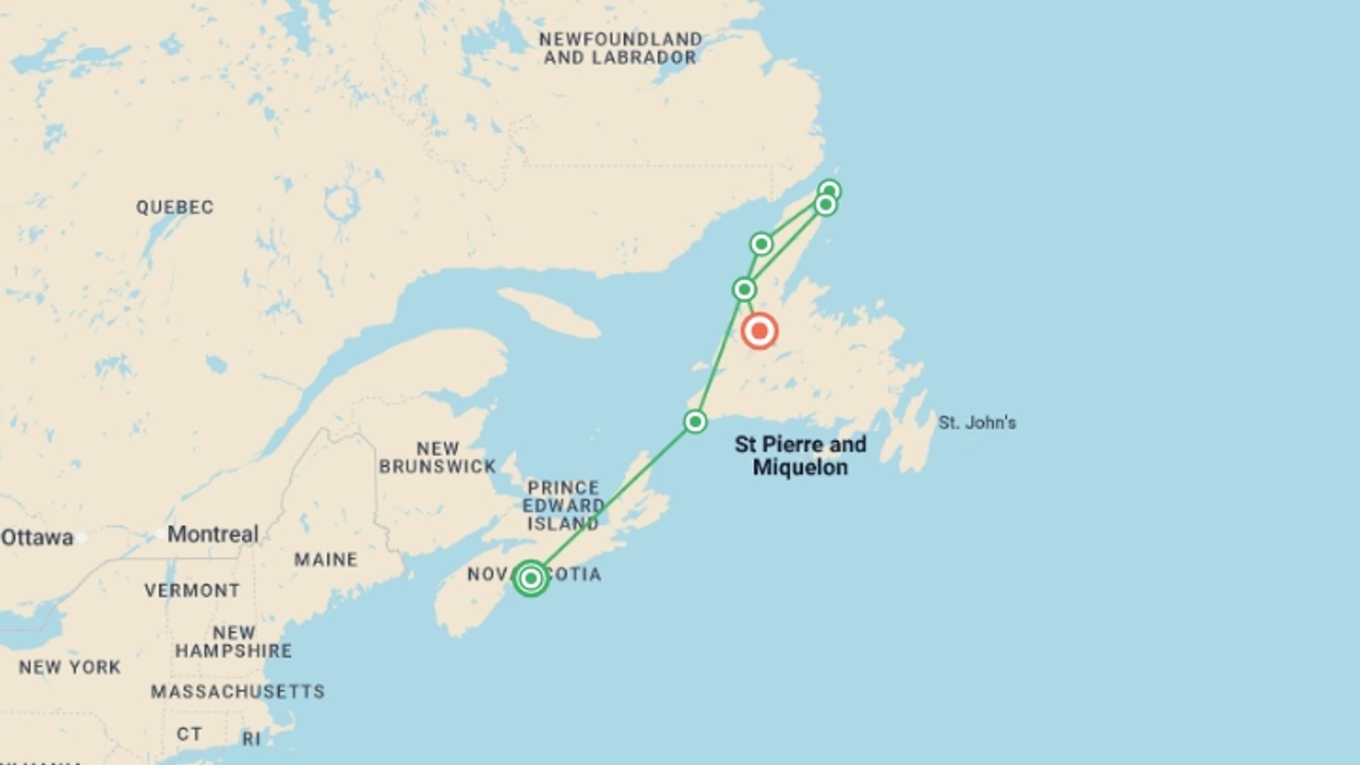 A map showing the tour itinerary for the trip: Newfoundland Viking Trail From Halifax - 8 days, starting in Halifax, Canada and ending in Deer Lake, Canada going through 6 other destinations.