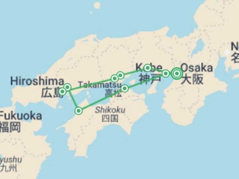 Map itinerary of Japan Tour in January 2027 with 5 destination visits for the trip: South Japan Express