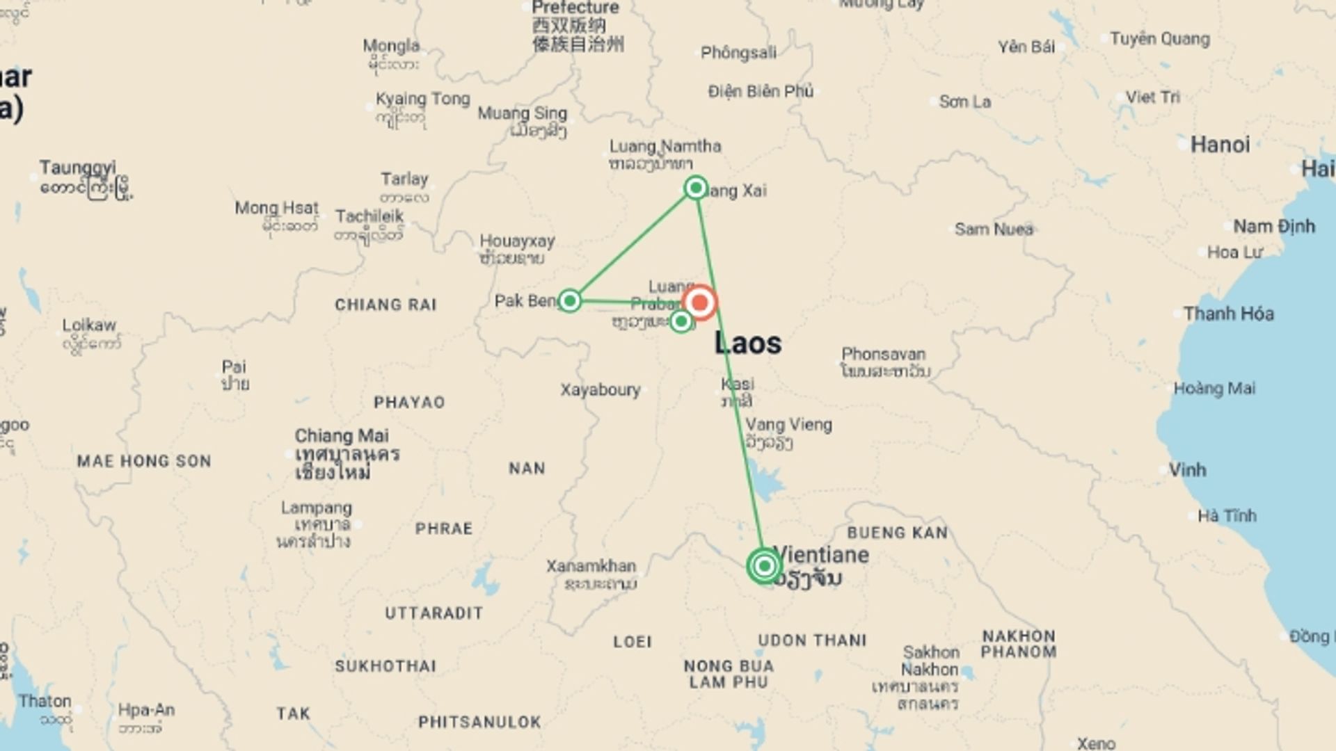 A map showing the tour itinerary for the trip: North Laos Explorer - 8 days, starting in Vientiane, Laos and ending in Luang Prabang, Laos going through 3 other destinations.