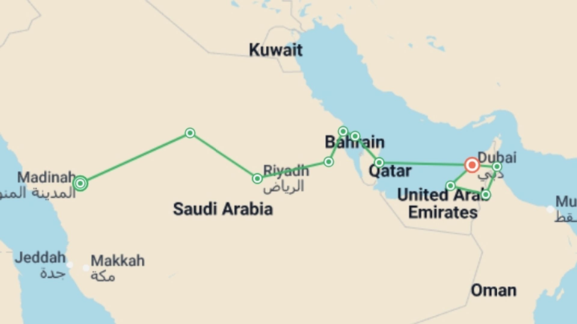 A map showing the tour itinerary for the trip: Arabic dream and pearls of the Persian Gulf, starting in Medina, Saudi Arabia and ending in Dubai, UAE going through 9 other destinations.