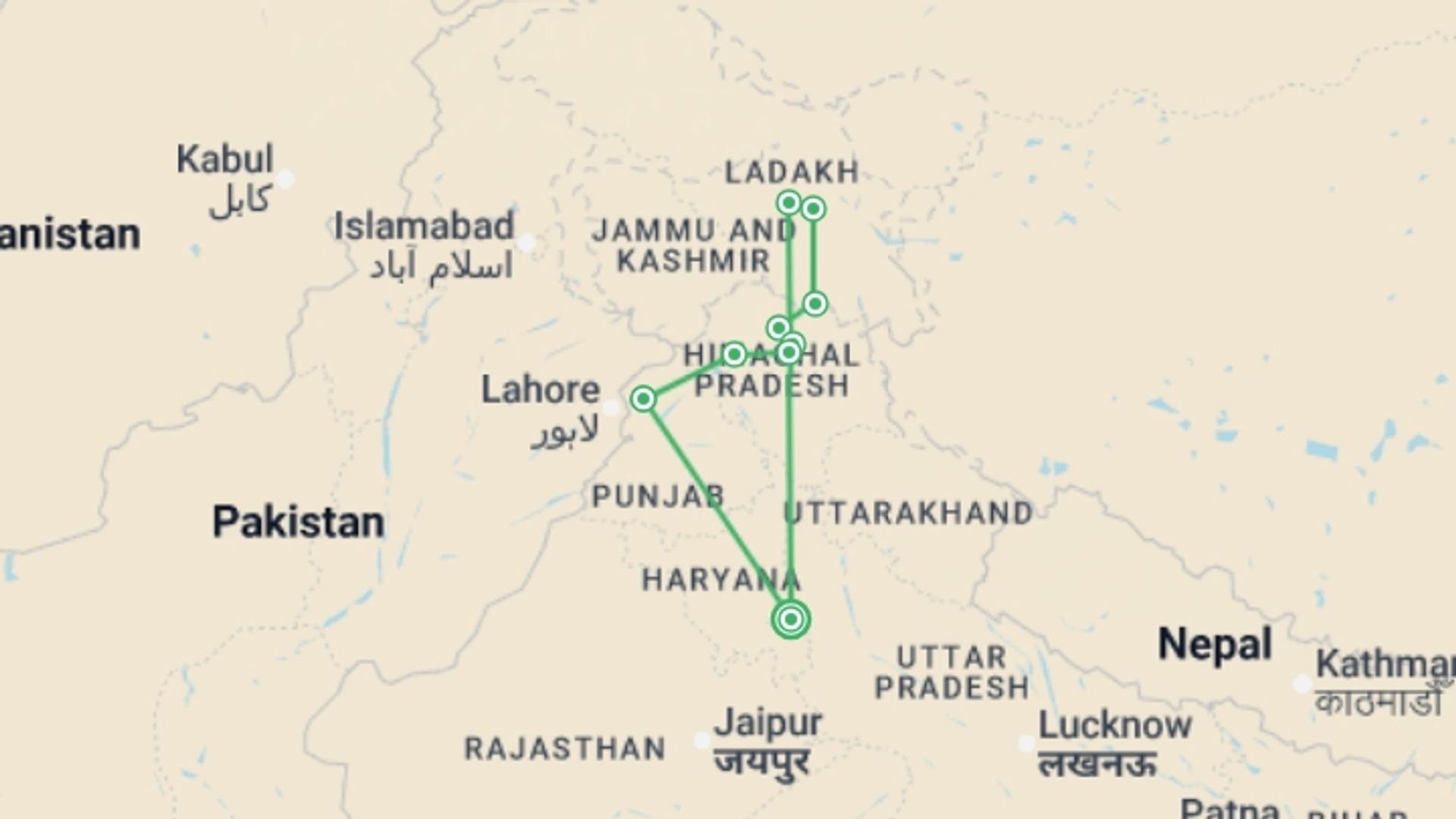 A map showing the tour itinerary for the trip: Hills and High Places - 16 days, starting in New Delhi, India and ending in New Delhi, India going through 8 other destinations.