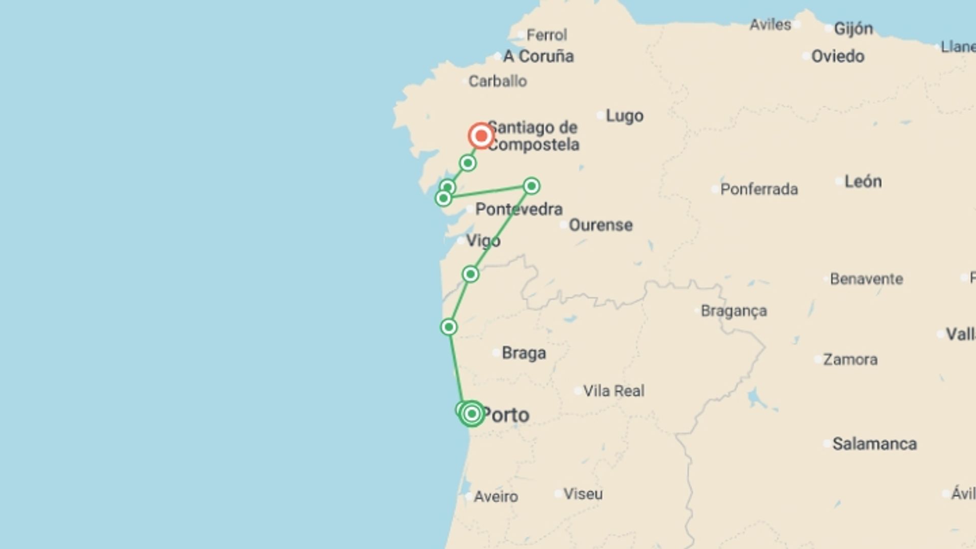 A map showing the tour itinerary for the trip: Portuguese Camino Highlights Walk, starting in Porto, Portugal and ending in Santiago De Compostela, Spain going through 6 other destinations.