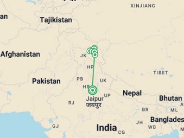 Map itinerary of Asia Tour in August 2026 with 9 destination visits for the trip: Remote Ladakh - Snia Valley and Lasermo La