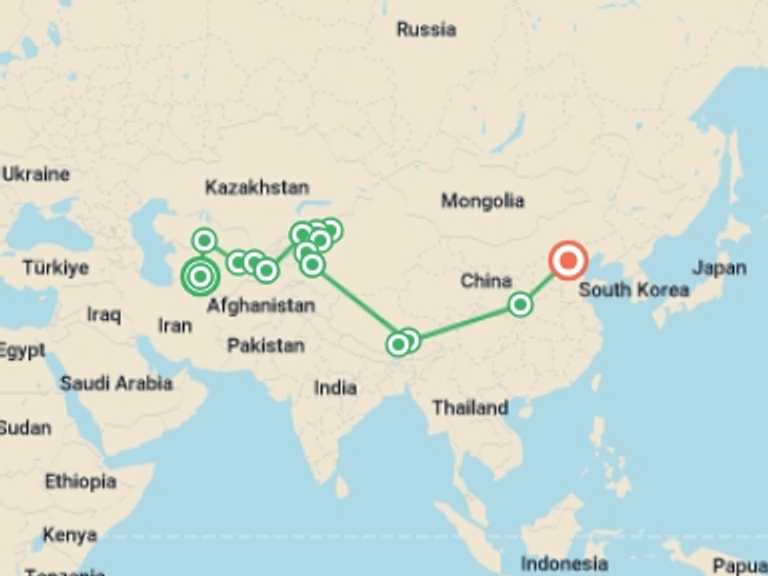 Map of a Explorer Tour with 14 destination visits for the trip: Ashgabat To Beijing (67 Days)