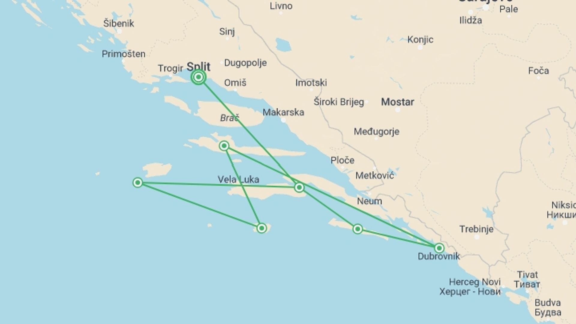 A map showing the tour itinerary for the trip: Croatian Pearls, starting in Split, Croatia and ending in Split, Croatia going through 8 other destinations.