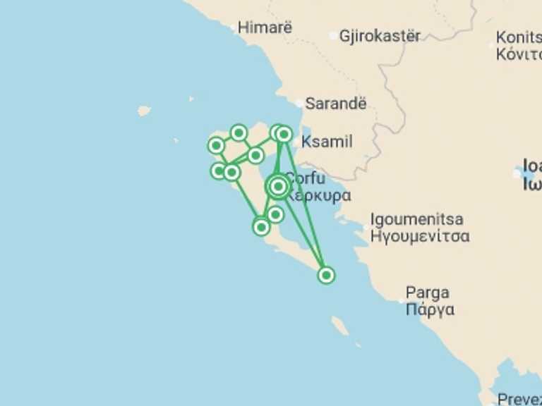 Map of Europe Cultural, religious and historic sites Tour with 12 destination visits for the trip: Corfu Trail Walking - North and South