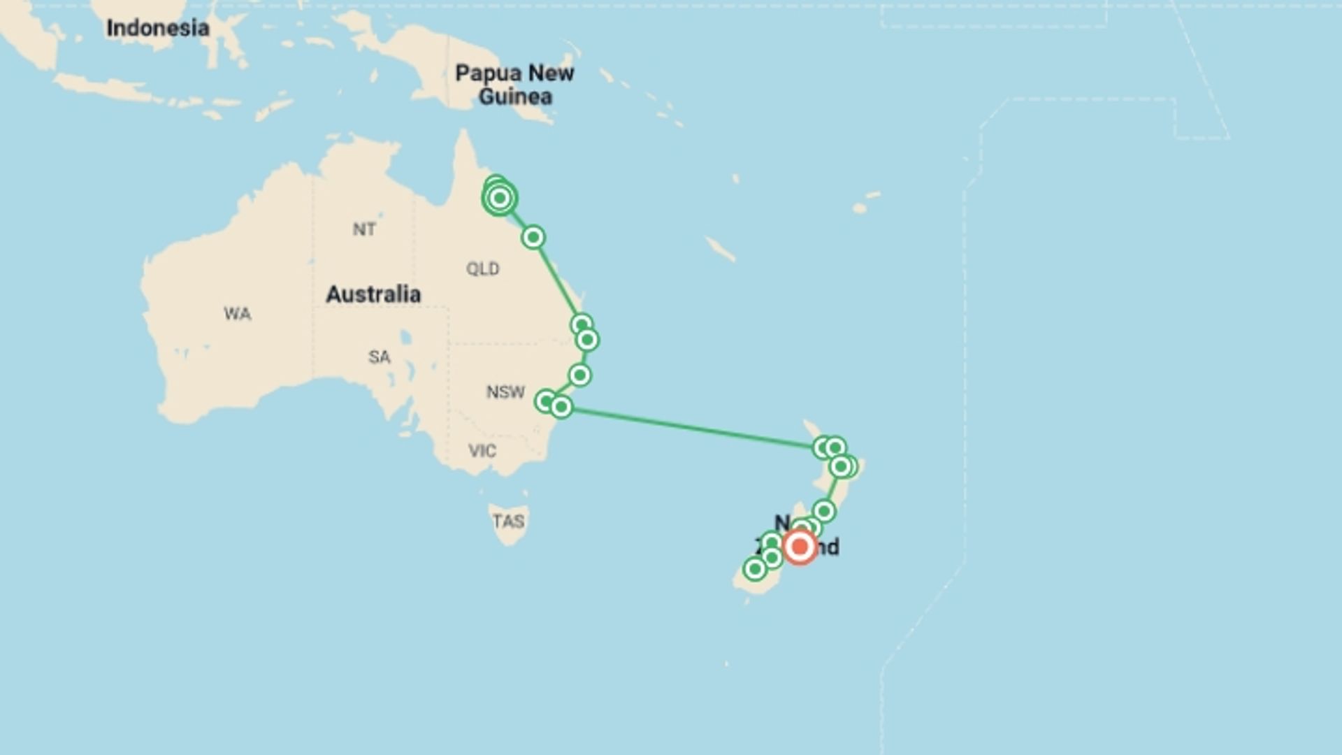 A map showing the tour itinerary for the trip: Highlights of Australia and New Zealand, starting in Cairns, Australia and ending in Christchurch, New Zealand going through 15 other destinations.