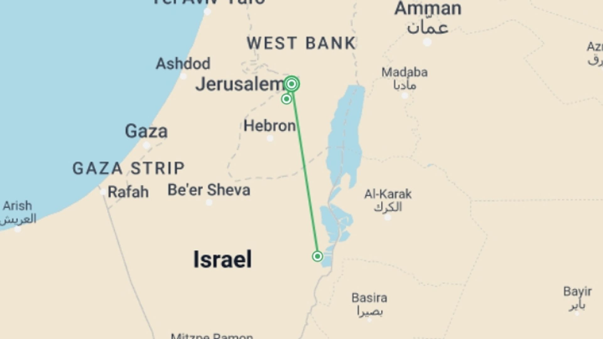 A map showing the tour itinerary for the trip: Jerusalem, Bethlehem And Dead Sea Tour, 2 Days From Jerusalem, starting in Jerusalem, Israel and ending in Jerusalem, Israel going through 0 other destinations.