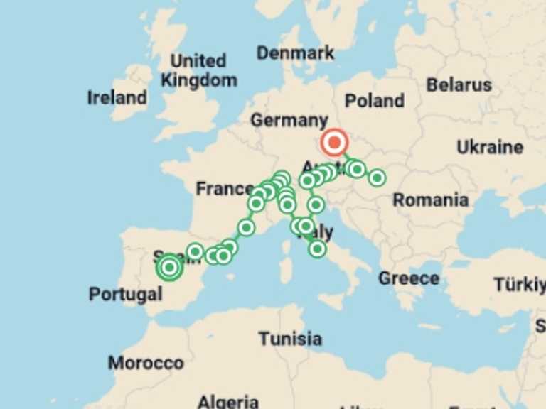 Map of Europe Tour with 15 destination visits for the trip: A European Journey from Madrid to Prague