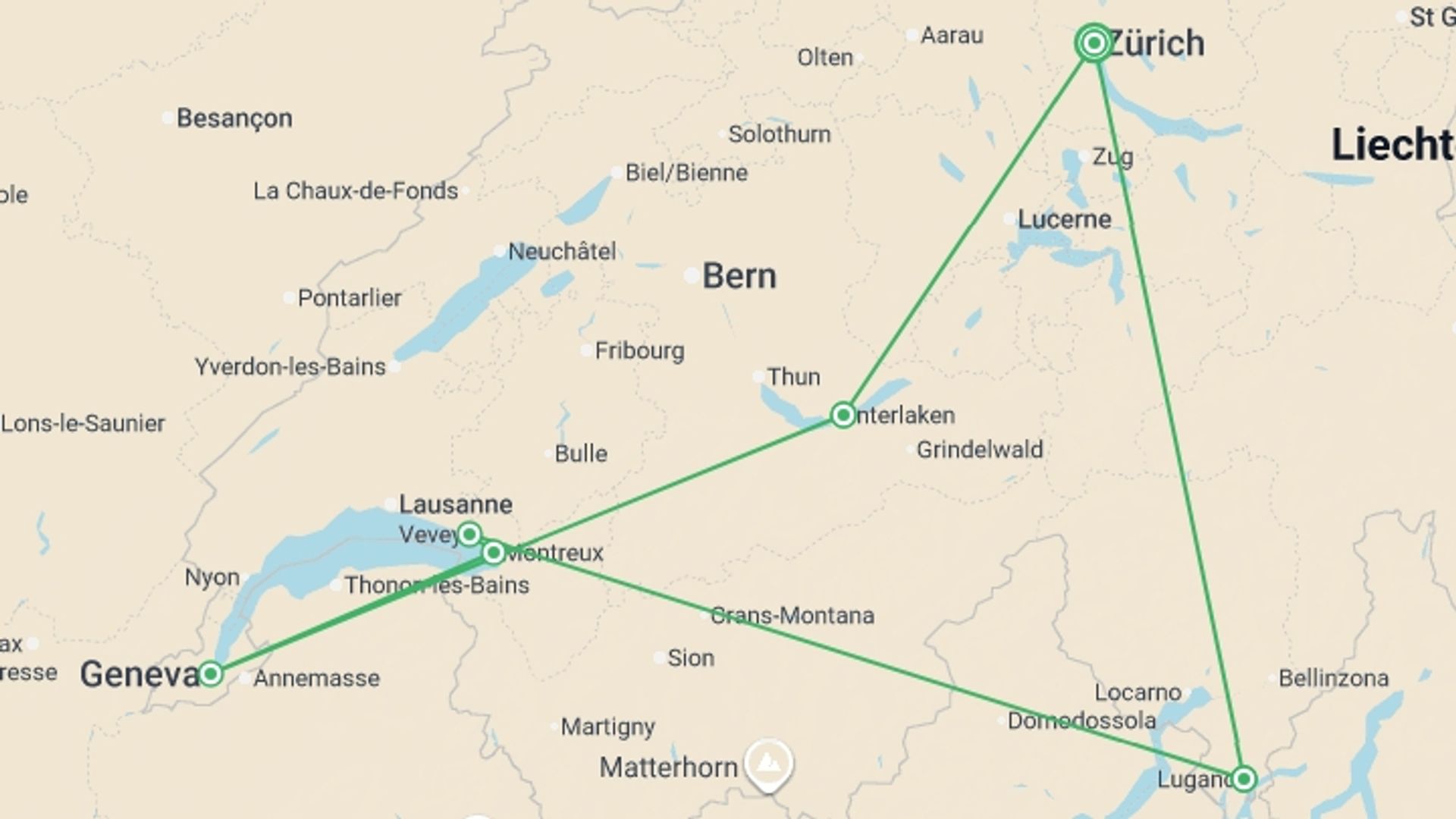 A map showing the tour itinerary for the trip: Switzerland Encompassed - 10 days, starting in Zurich, Switzerland and ending in Zurich, Switzerland going through 5 other destinations.