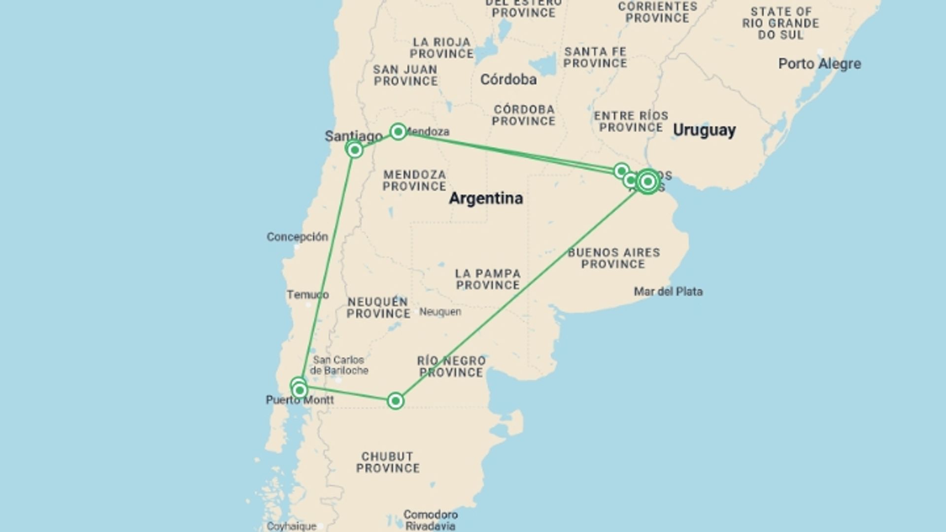 A map showing the tour itinerary for the trip: Luxury Food and Wine Tour of Argentina & Chile in 14 days, starting in Buenos Aires, Argentina and ending in Buenos Aires, Argentina going through 11 other destinations.
